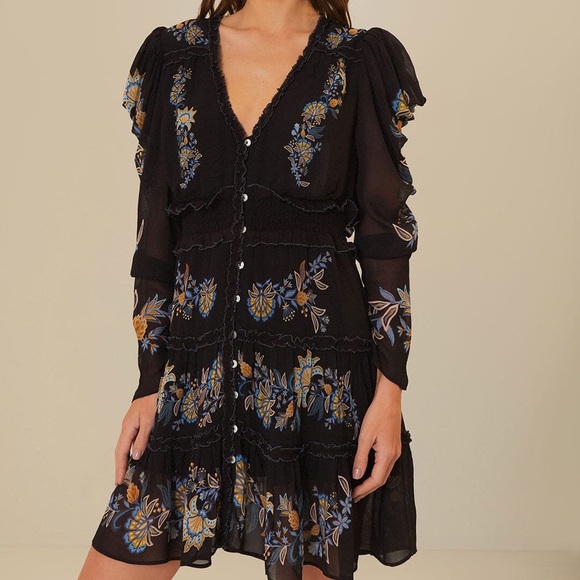 FARM RIO Floral-Embroidered Long-Sleeve Minidress, SiZE SMALL 1363 - Picture 2 of 11